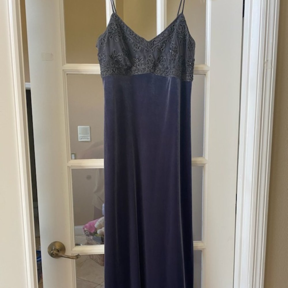 Rhapsody Steel Blue Evening Gown with Beaded Bodice